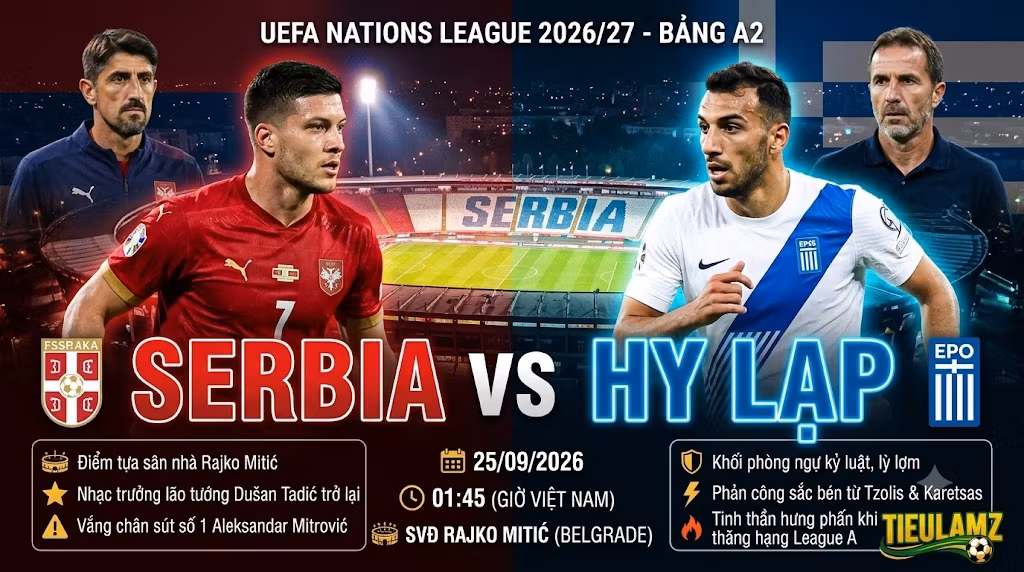 Ảnh bìa trực tiếp trận đấu Serbia vs Hy Lạp tại UEFA Nations League 2026/27, điểm tựa sân nhà Rajko Mitic.