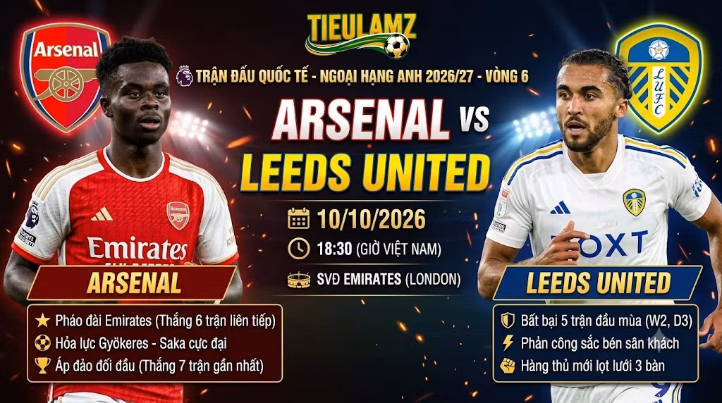Nhận định Arsenal vs Leeds United Vòng 6 Ngoại Hạng Anh tại TieuLamTV - Cuộc so tài giữa Bukayo Saka và Dominic Calvert-Lewin