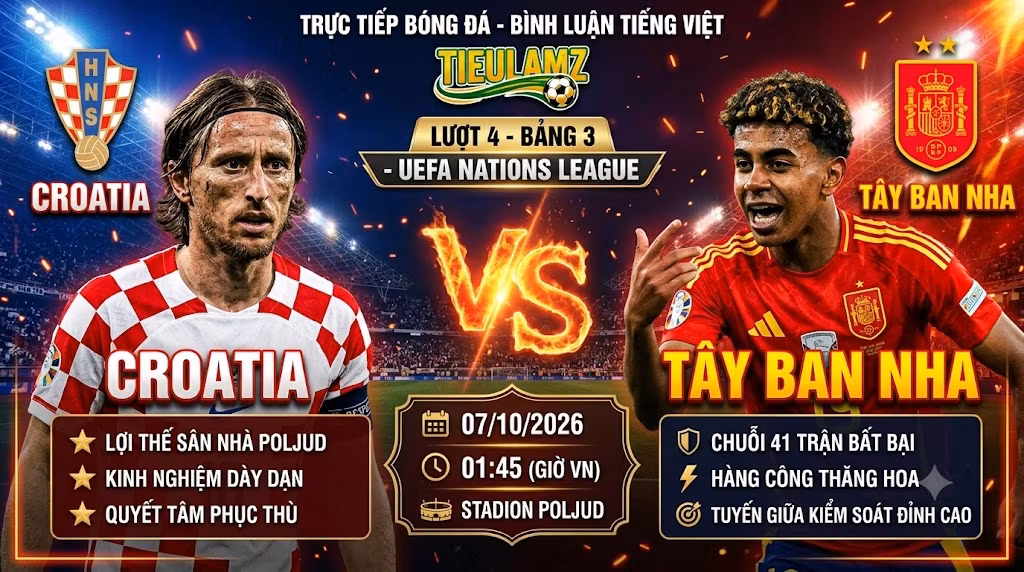Nhận định bóng đá Croatia vs Tây Ban Nha (01h45 ngày 7/10) tại UEFA Nations League. Cuộc đối đầu tâm điểm giữa Luka Modric và Lamine Yamal trên sóng trực tiếp TieuLamTV.