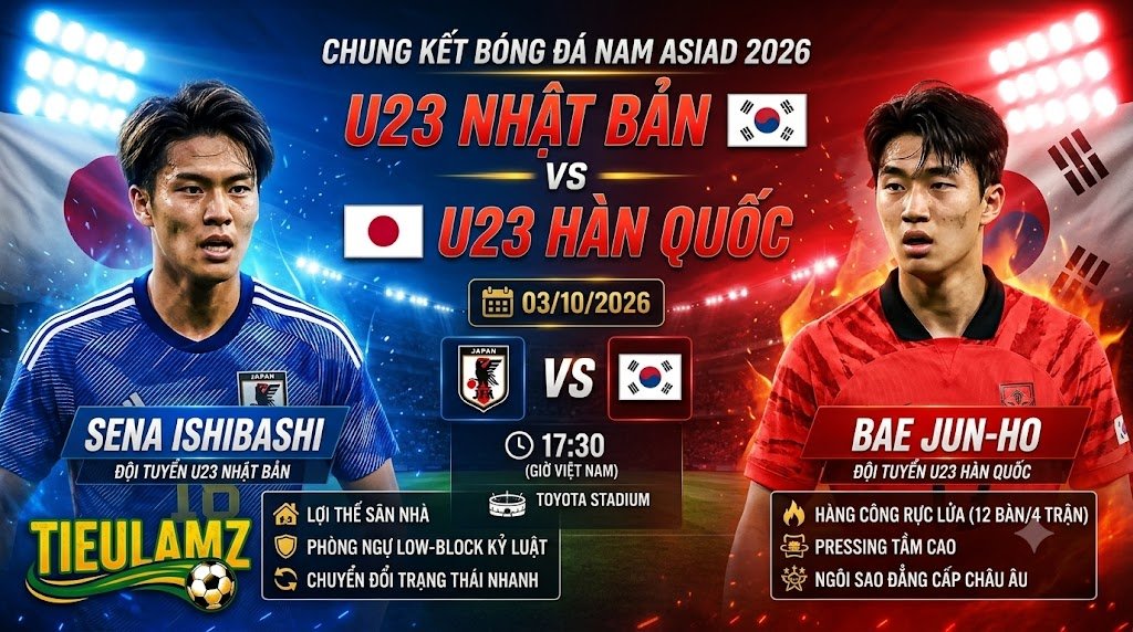 Nhận định U23 Nhật Bản vs U23 Hàn Quốc chung kết bóng đá nam ASIAD 2026 trên TieuLamTV.